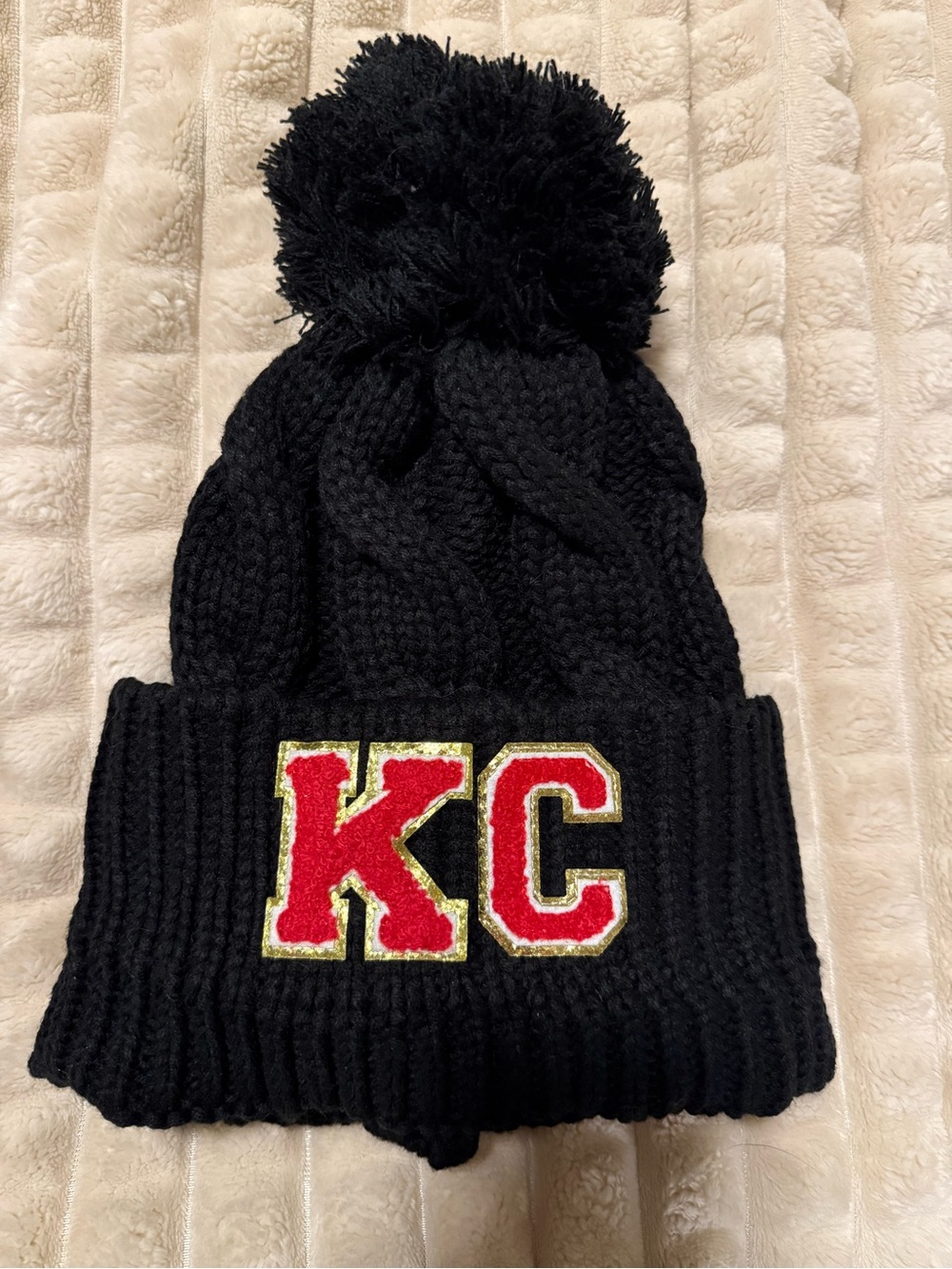 KC Black Pom Beanie - Red Lettering